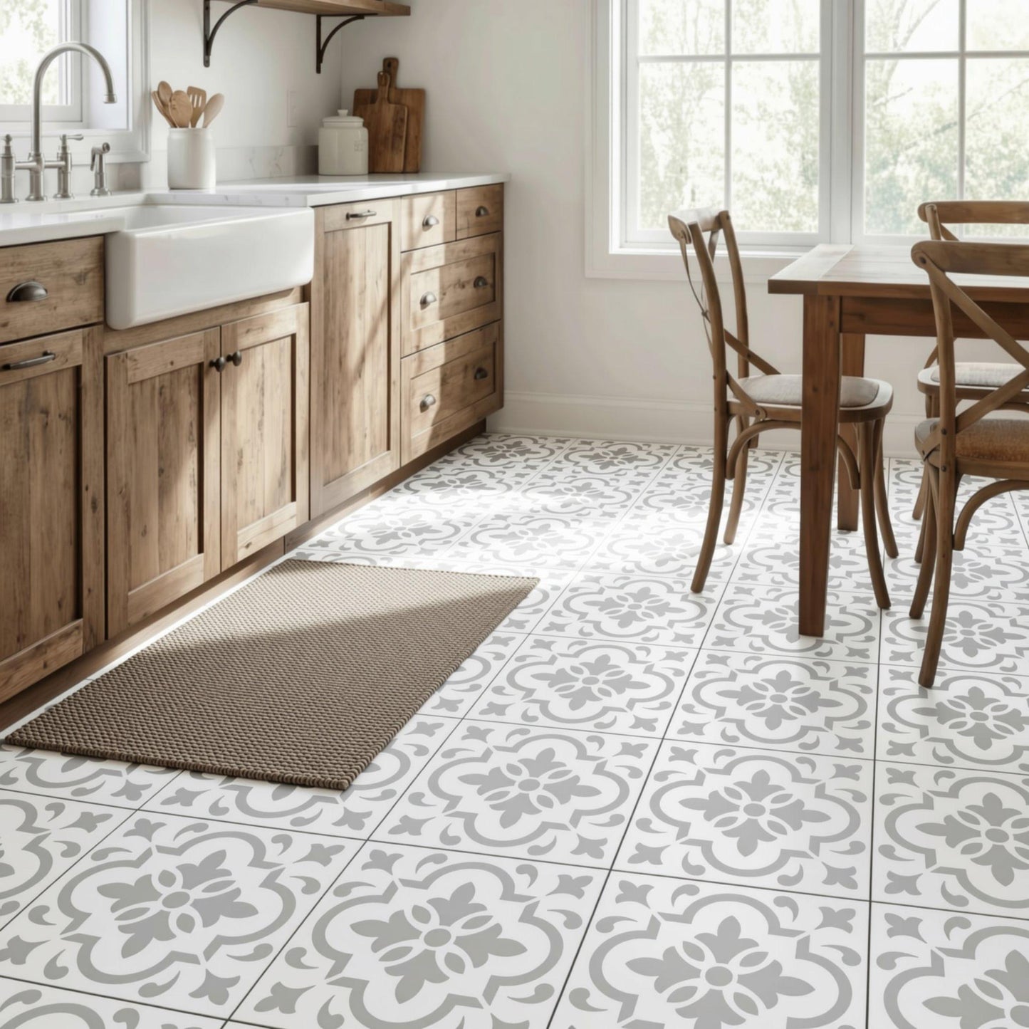 a modern kitchen with a white and gray patterned tile floor, wooden cabinets, and a sink. There are two chairs and a dining table in the room, and a rug is placed in front of the sink.