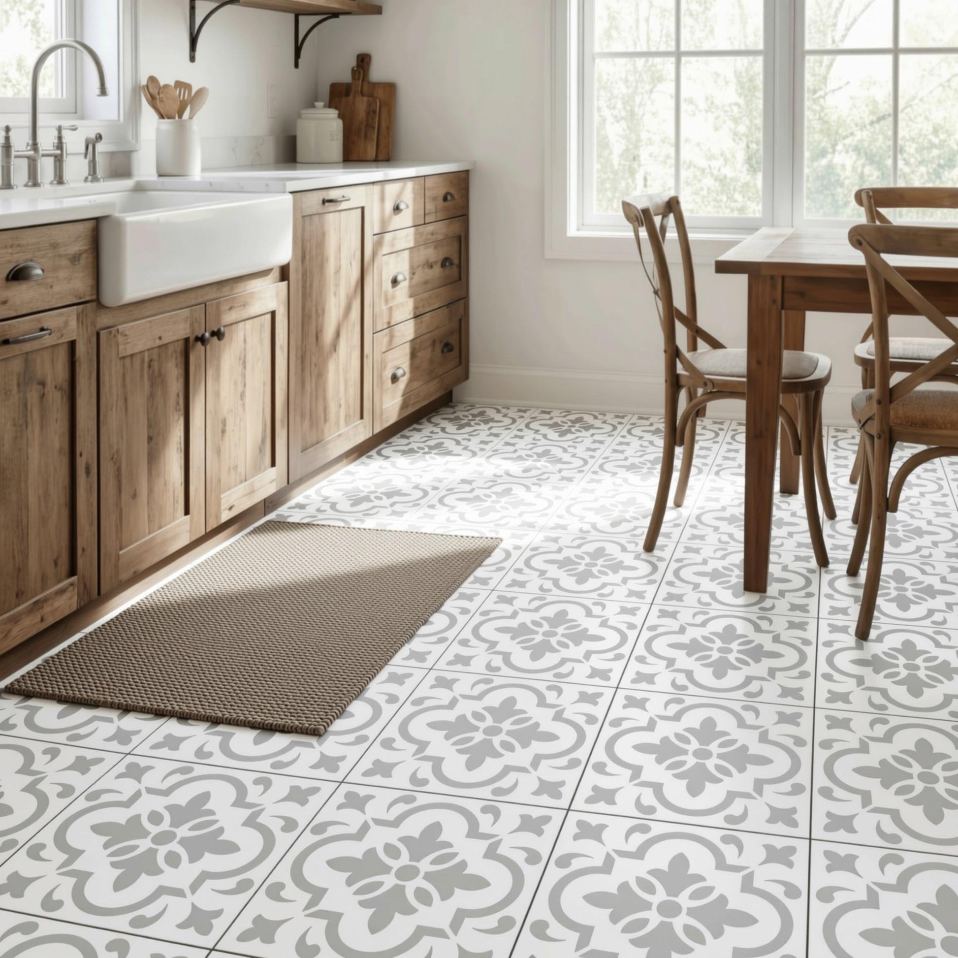 a modern kitchen with a white and gray patterned tile floor, wooden cabinets, and a sink. There are two chairs and a dining table in the room, and a rug is placed in front of the sink.