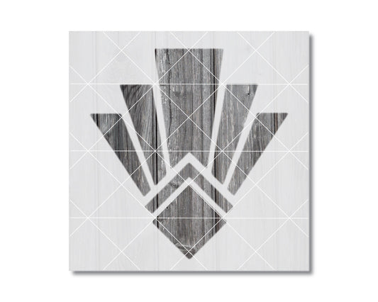 a geometric design composed of various shapes and lines, including triangles, rectangles, and diamonds, arranged in a visually striking manner.