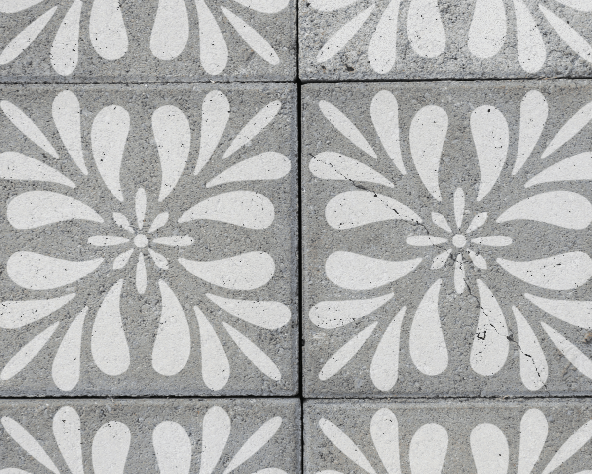 a close-up view of a pattern of white, circular designs on a gray concrete surface.