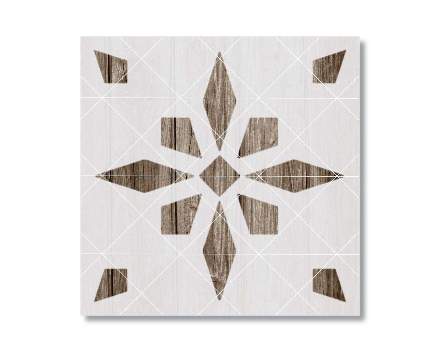 The image is a square with a geometric pattern of diamond shapes and wooden textures, creating a visually appealing design.