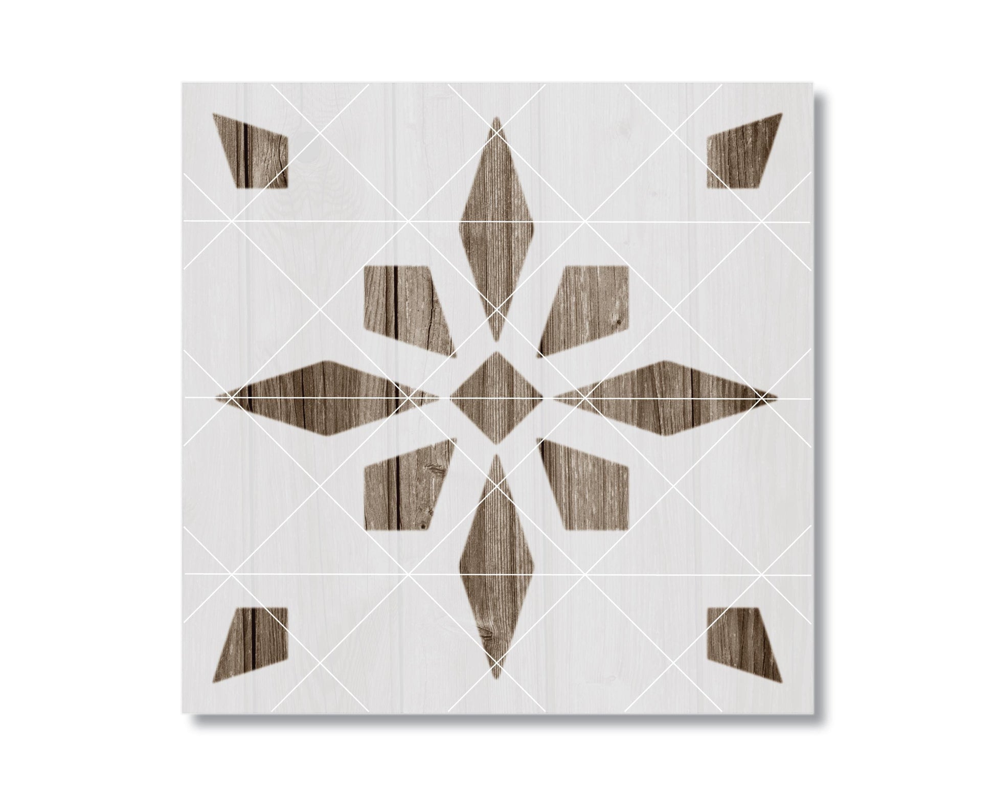 The image is a square with a geometric pattern of diamond shapes and wooden textures, creating a visually appealing design.