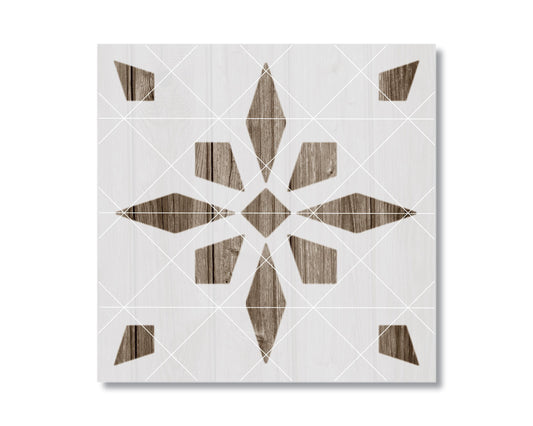 The image is a square with a geometric pattern of diamond shapes and wooden textures, creating a visually appealing design.