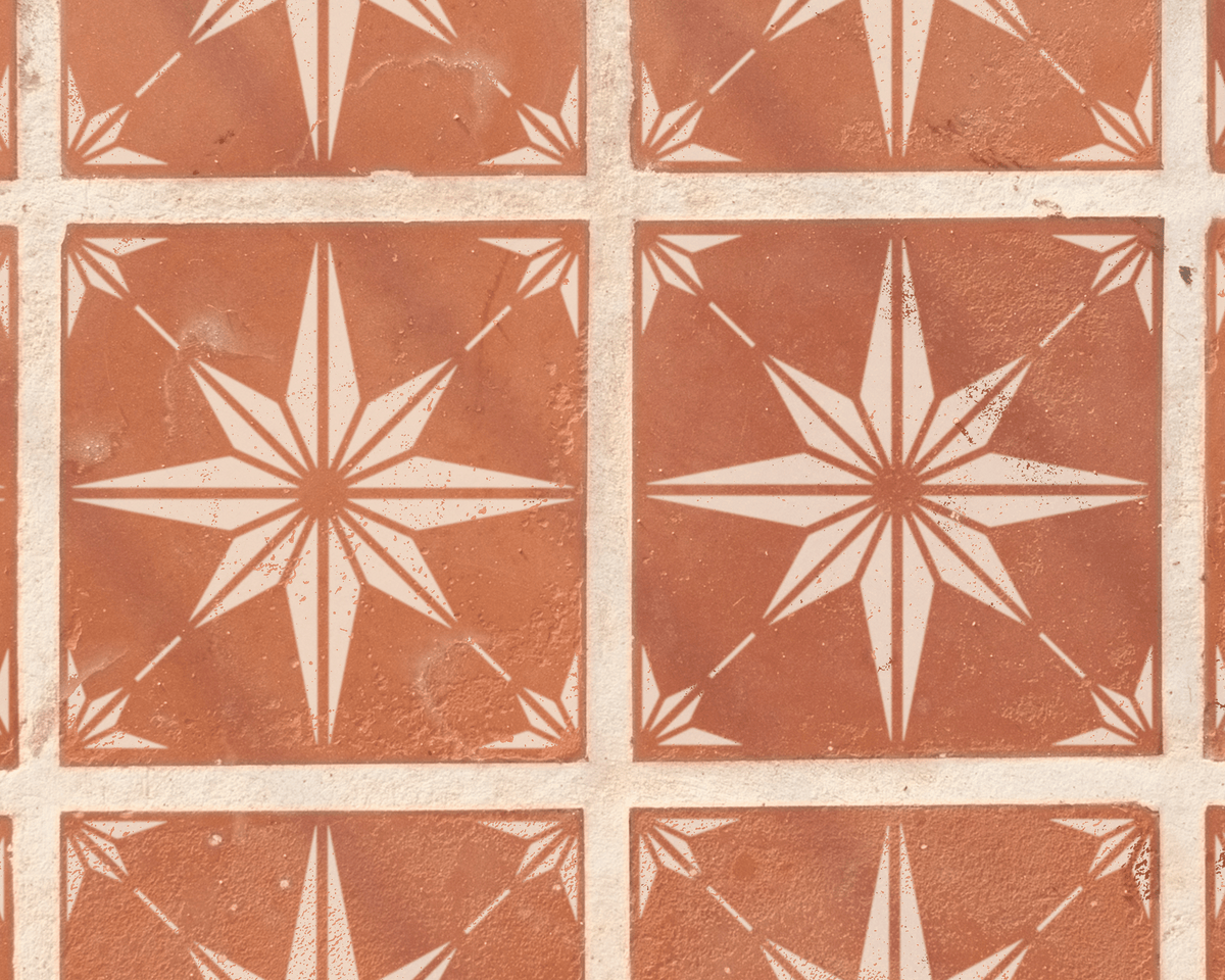 a repeating pattern of white star-shaped designs on a reddish-brown background.