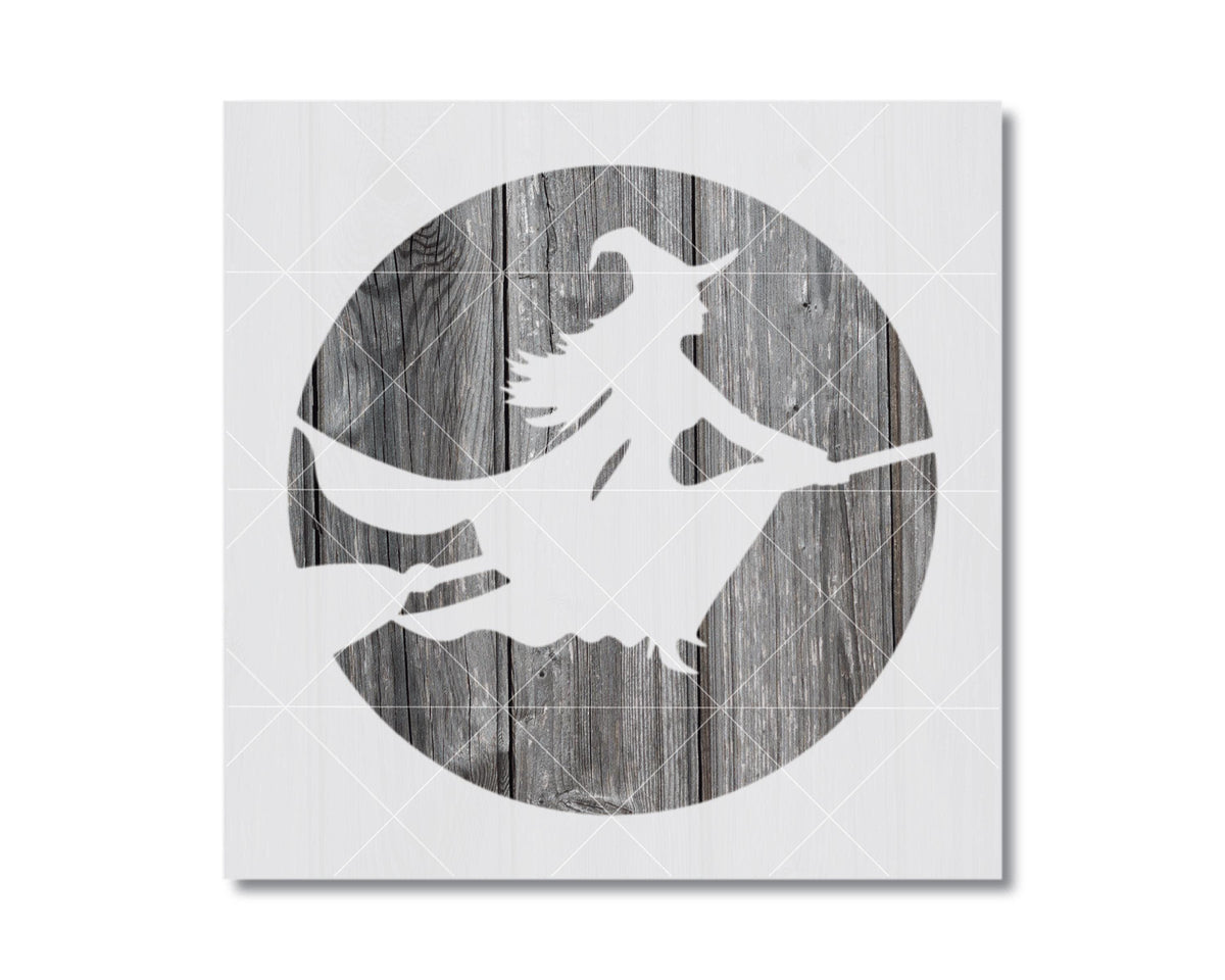 A silhouette of a witch riding a broomstick against a wooden background.