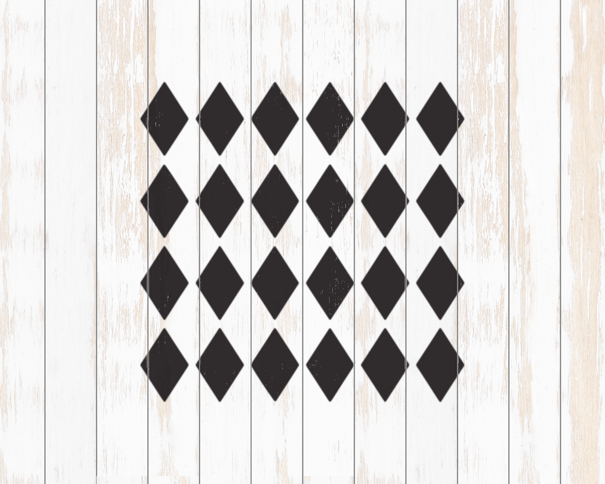 a pattern of black diamond shapes arranged in a grid-like fashion on a white wooden background.