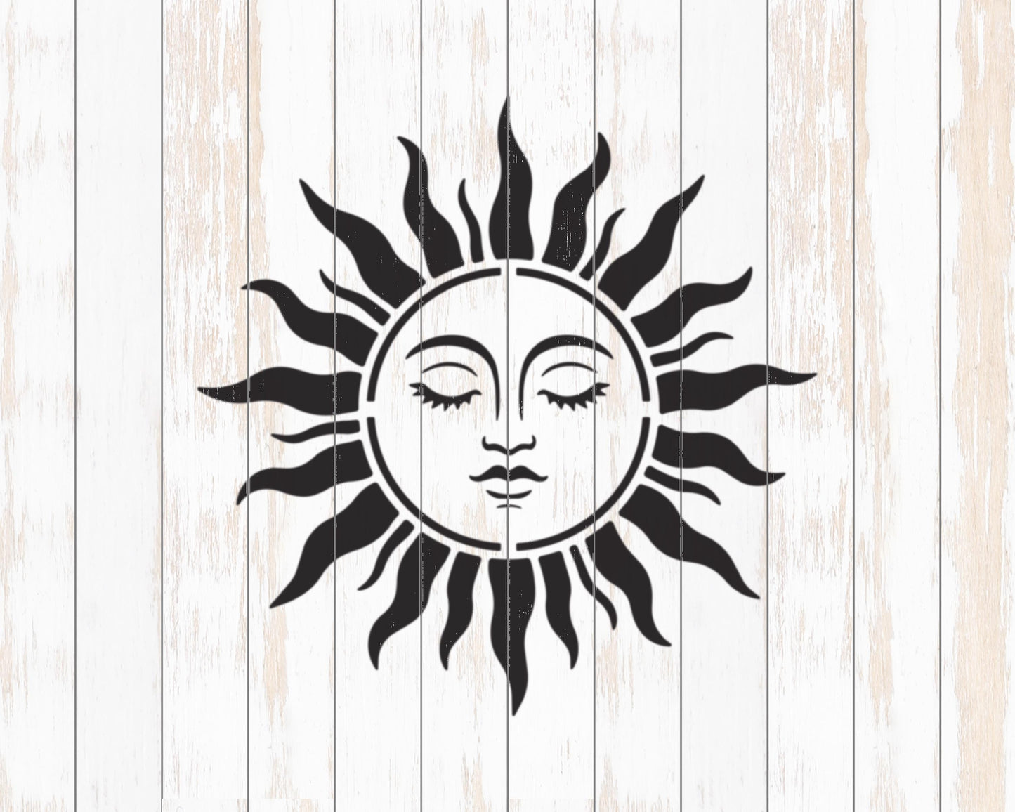 A black and white illustration of a sun with a face, set against a white wooden background.
