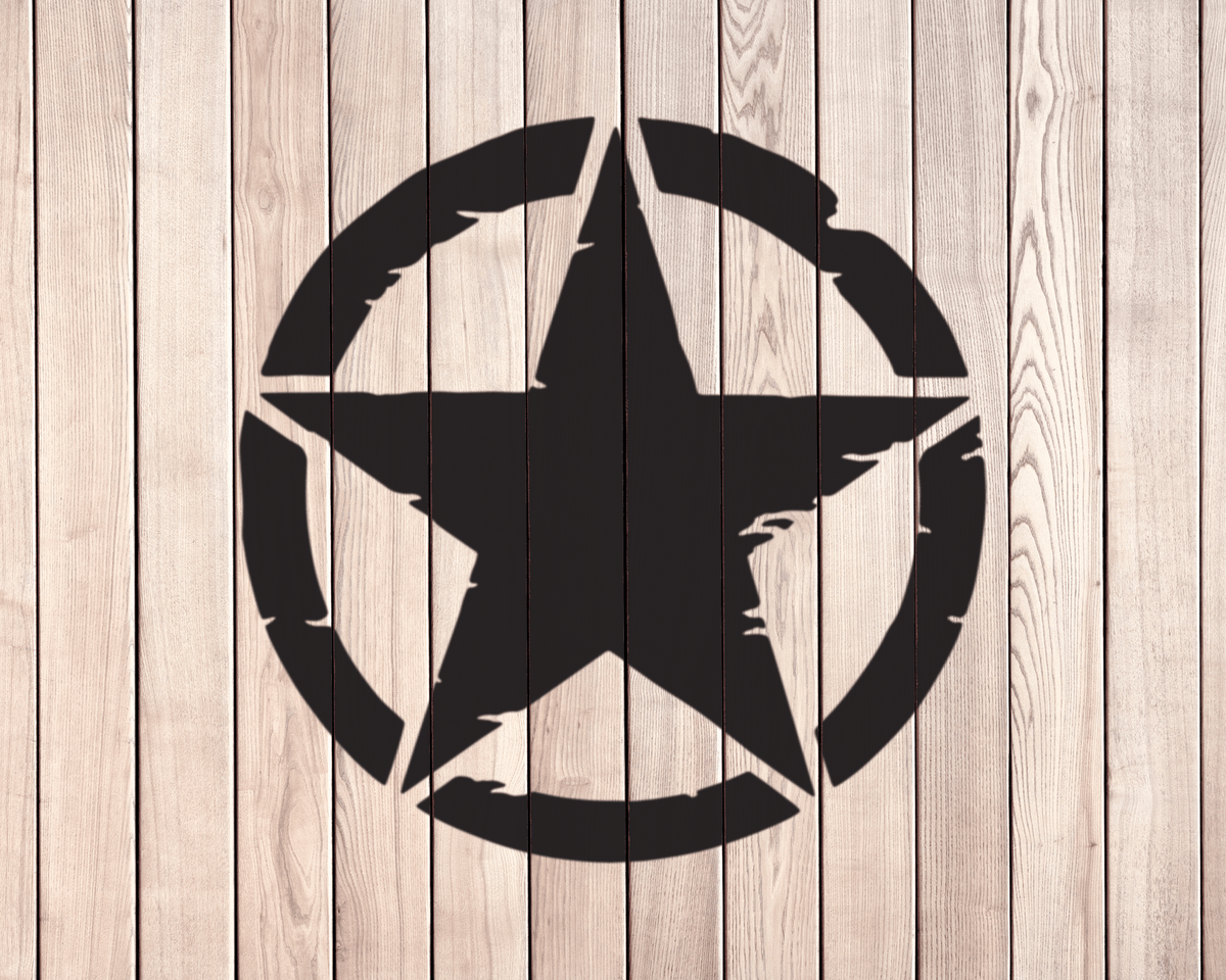 a black star-shaped symbol against a wooden background.