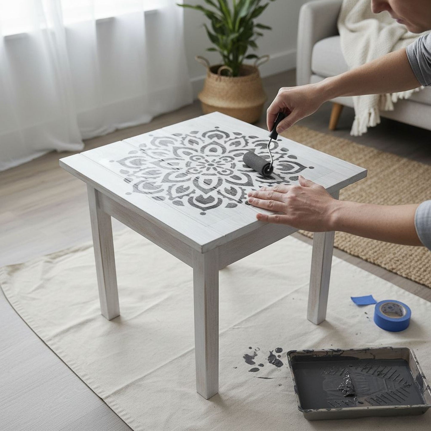 A person is decorating a white table with a stencil design using a roller brush.