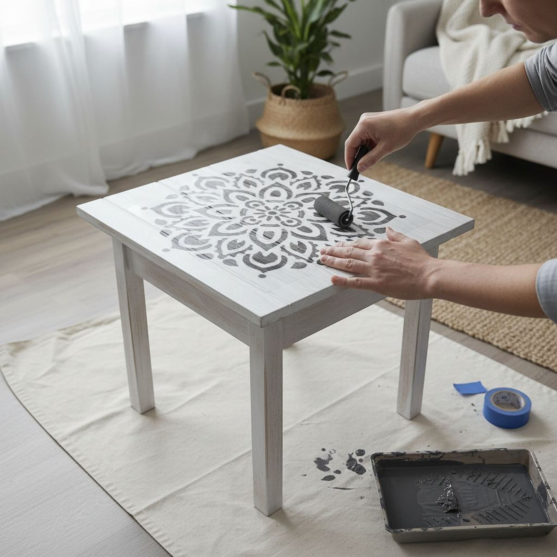 A person is decorating a white table with a stencil design using a roller brush.