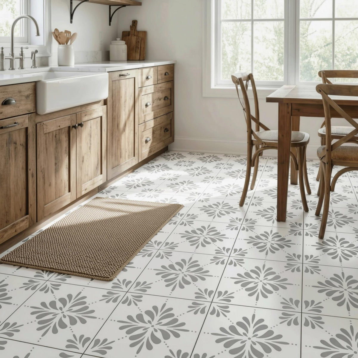 a modern kitchen with a white and gray floral tile floor, wooden cabinets, and a sink. There are two chairs and a dining table in the room, and a rug is placed on the floor.