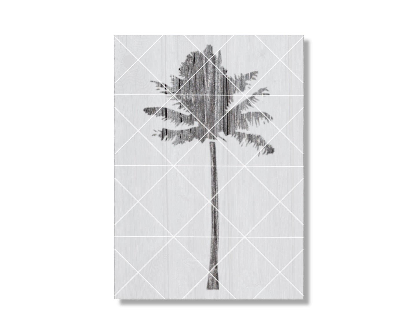 A black and white image of a palm tree with a geometric pattern of intersecting lines.