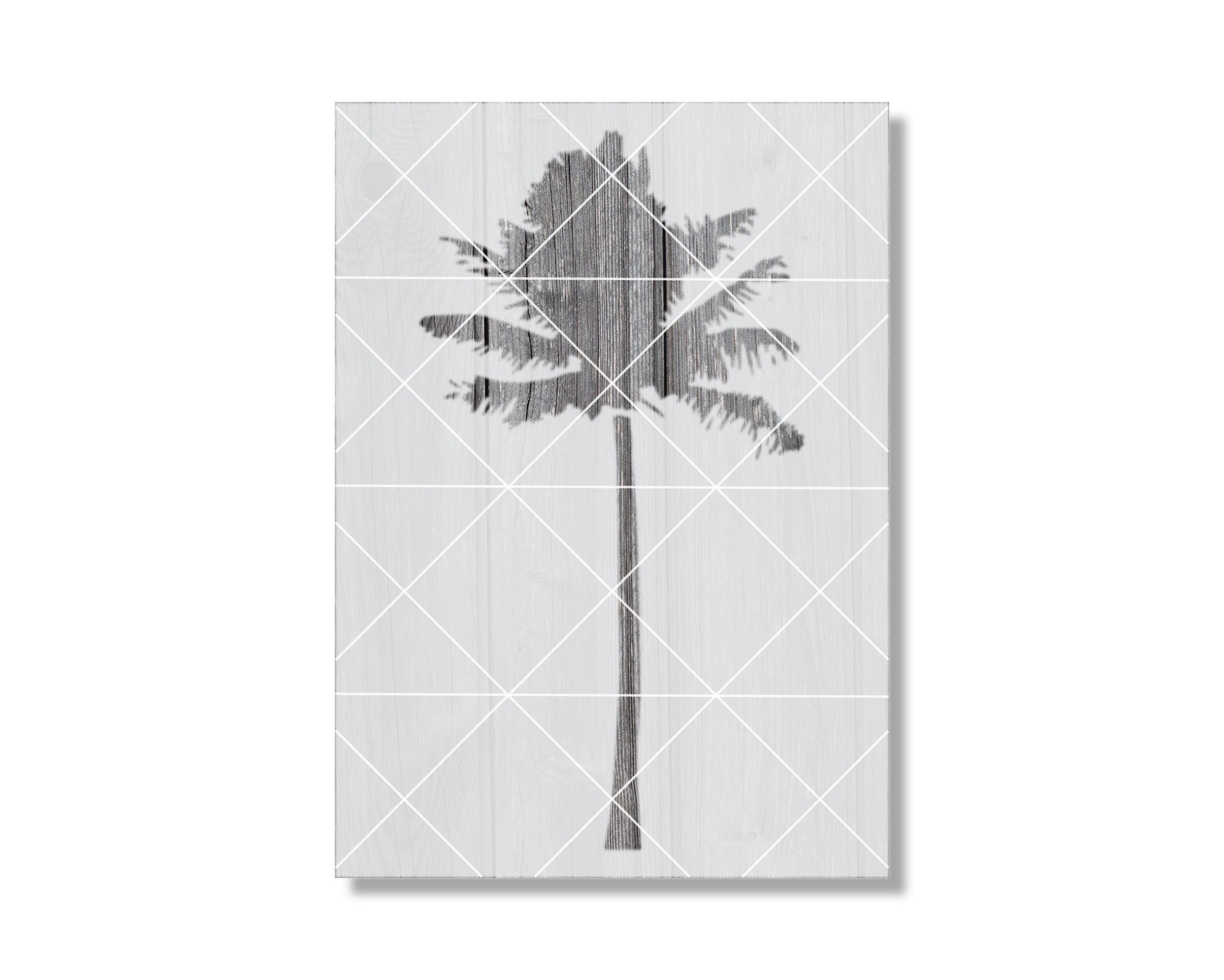 A black and white image of a palm tree with a geometric pattern of intersecting lines.