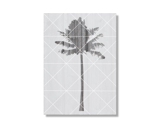 A black and white image of a palm tree with a geometric pattern of intersecting lines.
