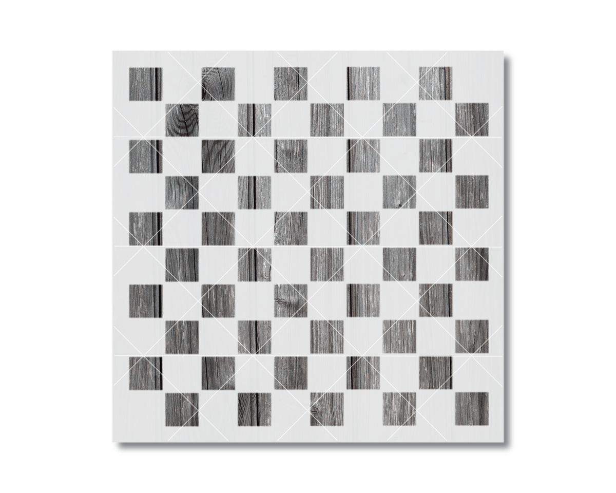 The image is a square with a grid of small squares, each containing a wooden texture. The squares are arranged in a checkerboard pattern, creating a visually striking and geometric design.