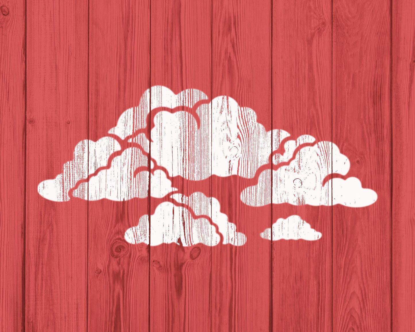 a red wooden background with white silhouettes of clouds.