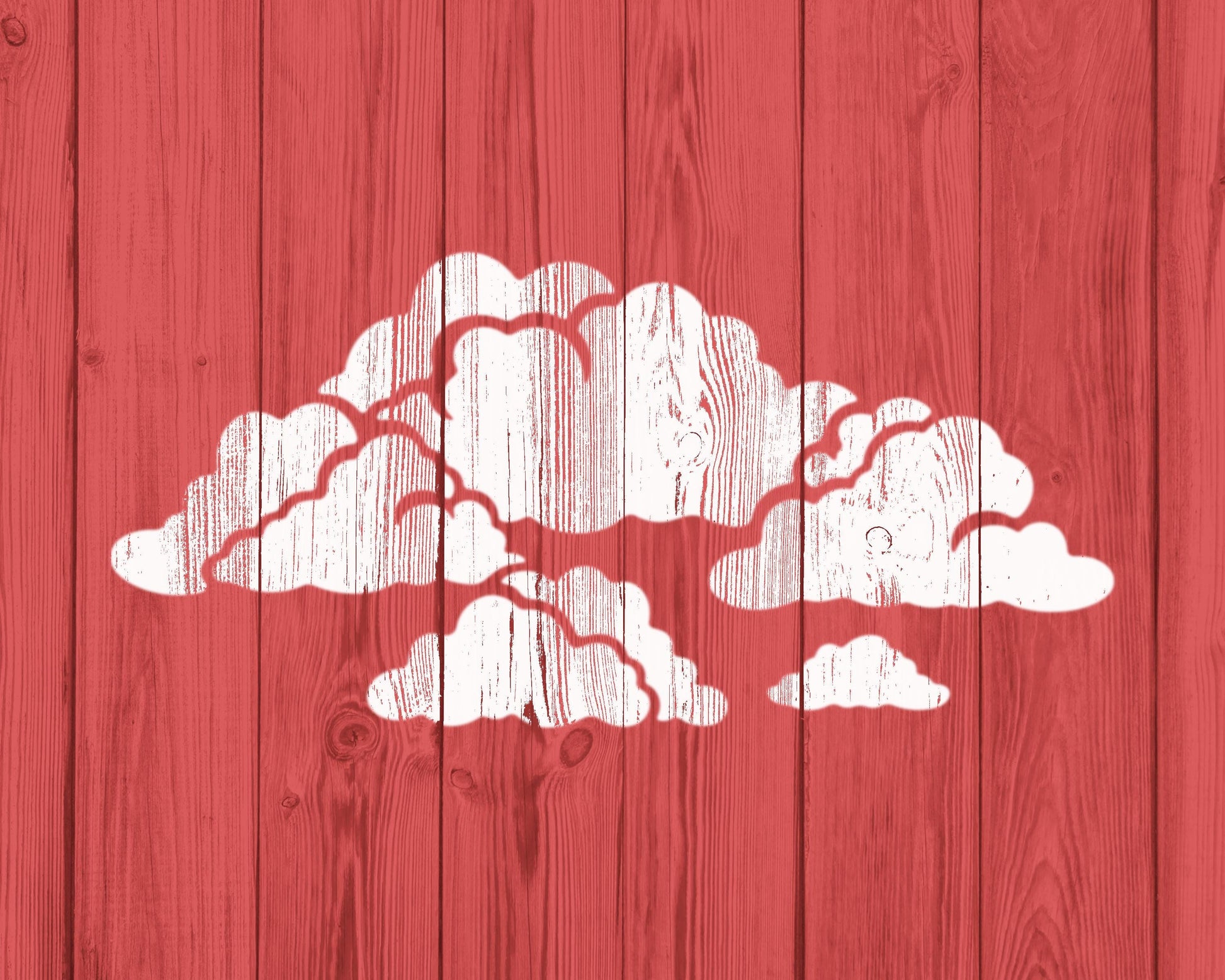 a red wooden background with white silhouettes of clouds.