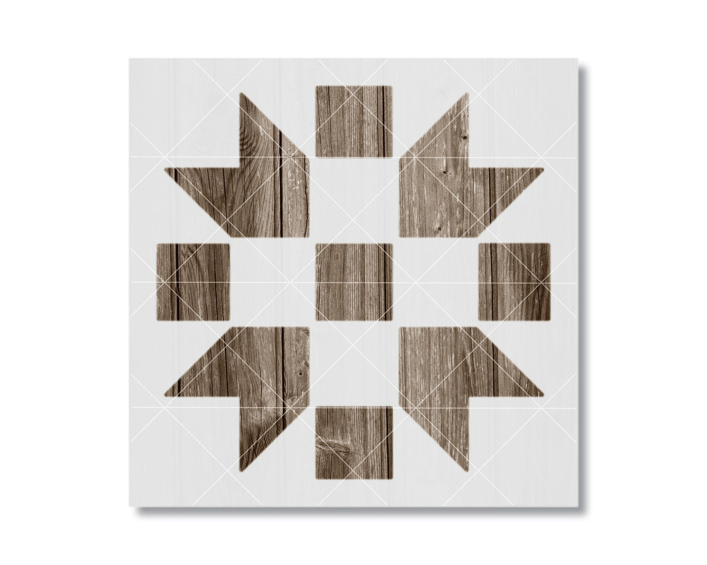 The image is a square with a geometric pattern of wooden squares and rectangles arranged in a symmetrical design.