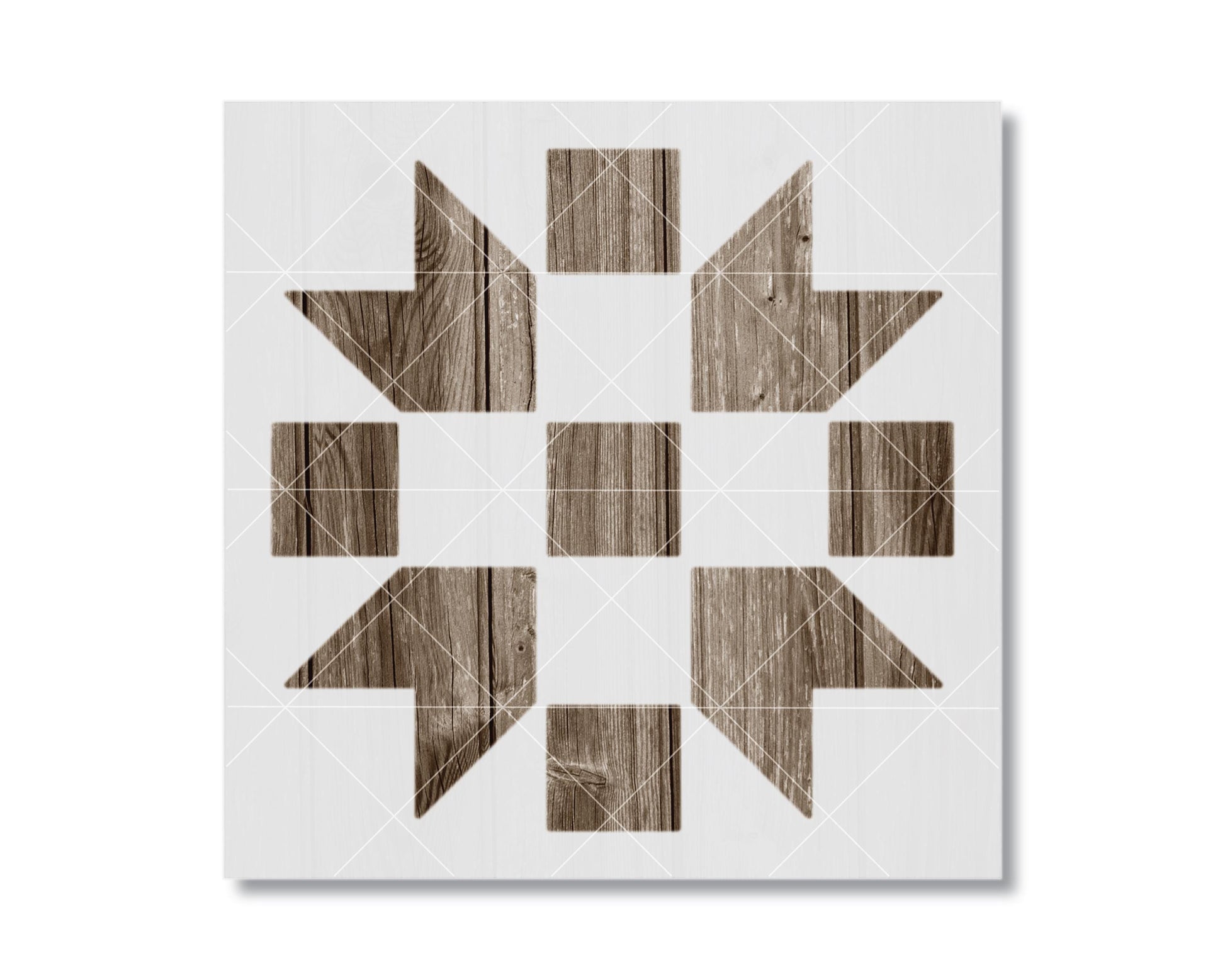 The image is a square with a geometric pattern of wooden squares and rectangles arranged in a symmetrical design.