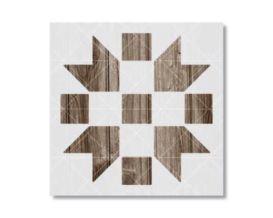 The image is a square with a geometric pattern of wooden squares and rectangles arranged in a symmetrical design.