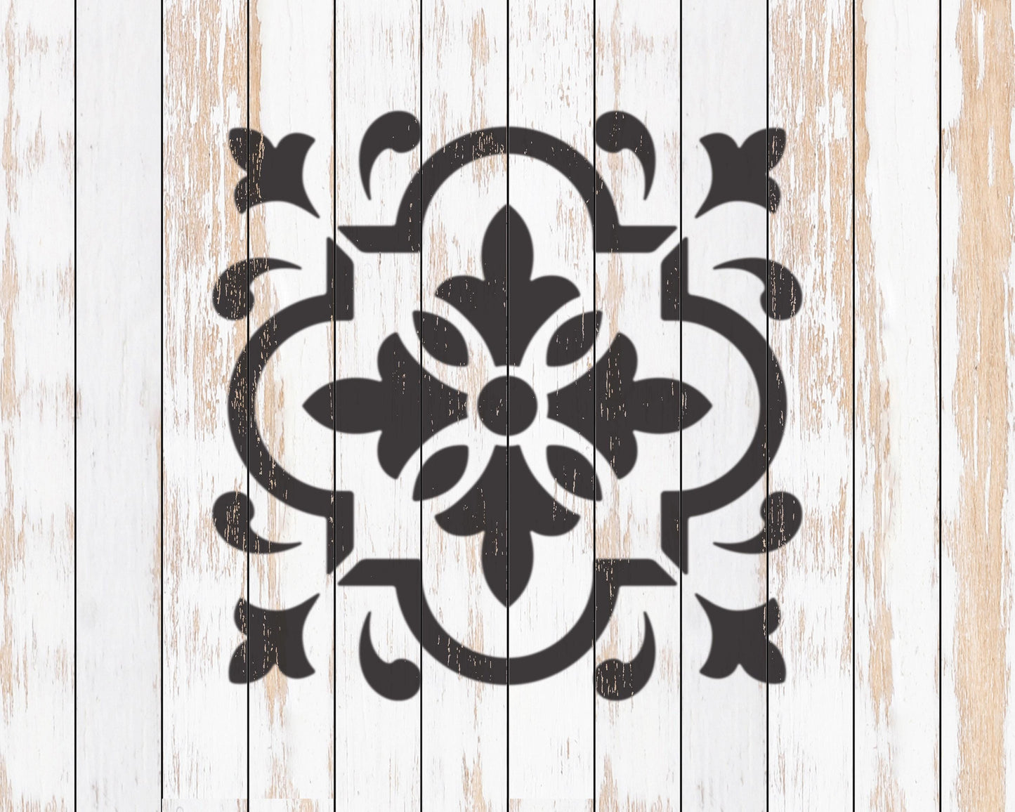 a black and white design on a white wooden background.