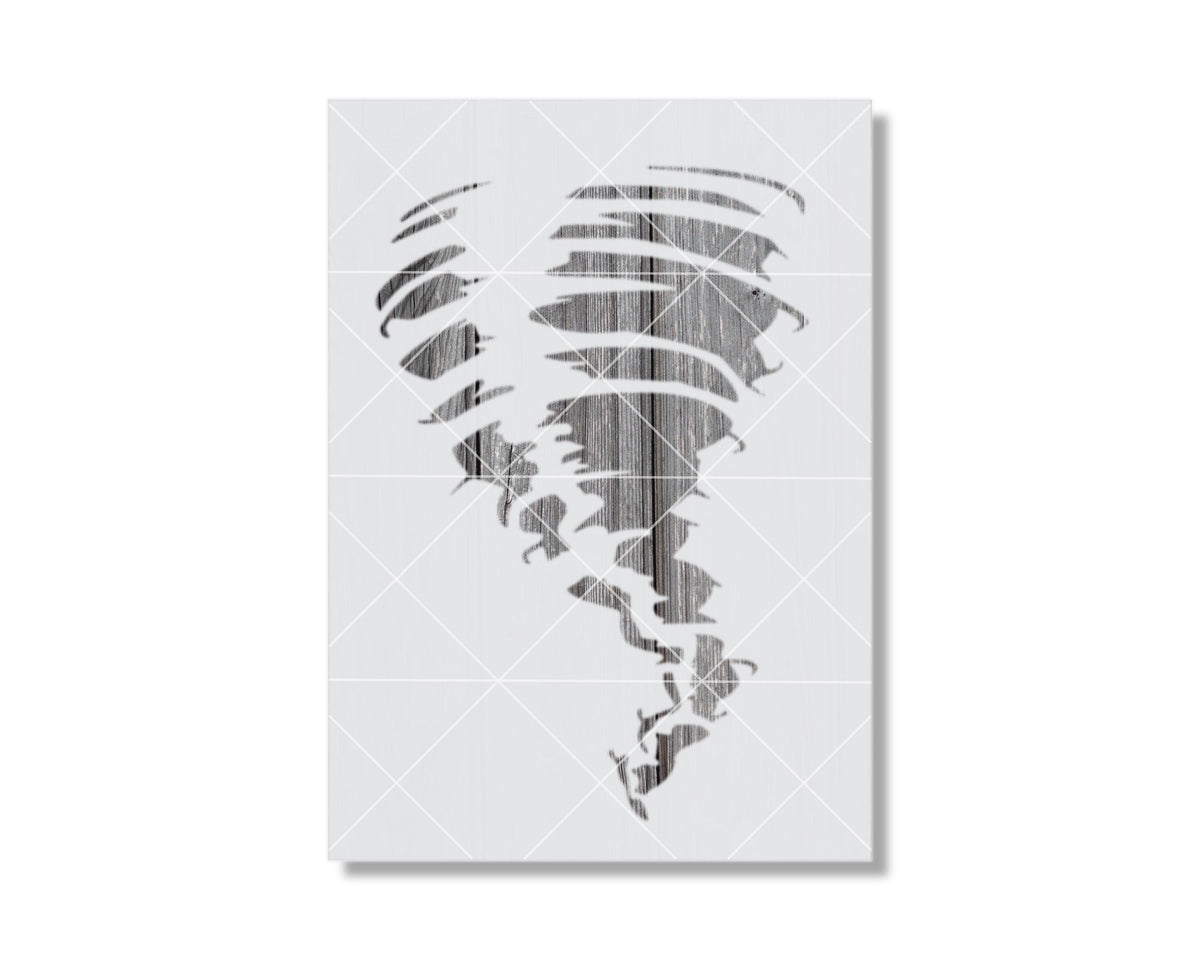 The image is a black and white graphic design featuring a stylized, abstract representation of a storm or natural disaster, such as a tornadoes or hurricanes.