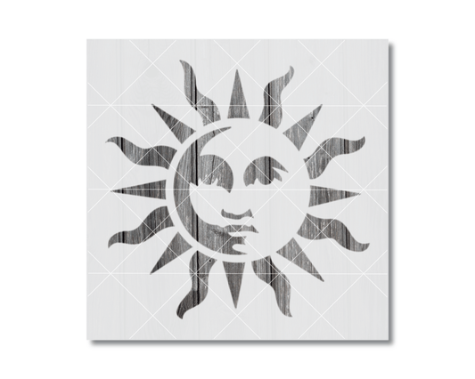 A black and white image depicting a stylized sun or face with a sun-like design.