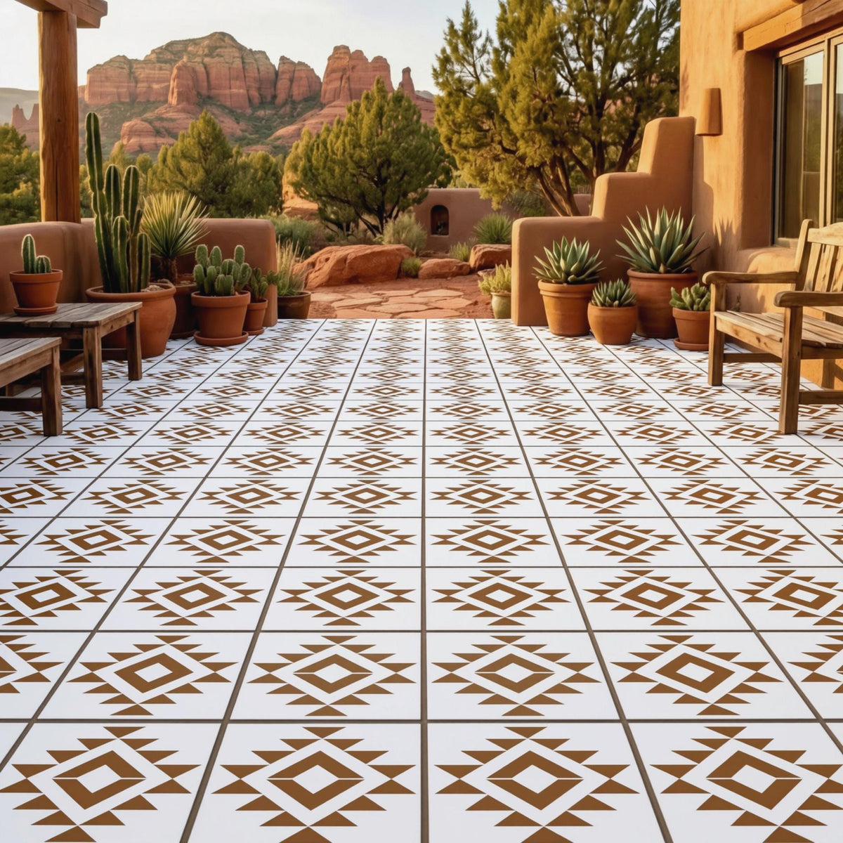 a patio area with a tiled floor and a desert landscape in the background. The patio has a geometric pattern on the floor and is surrounded by potted plants and benches. The desert landscape includes mountains and cacti in the background.