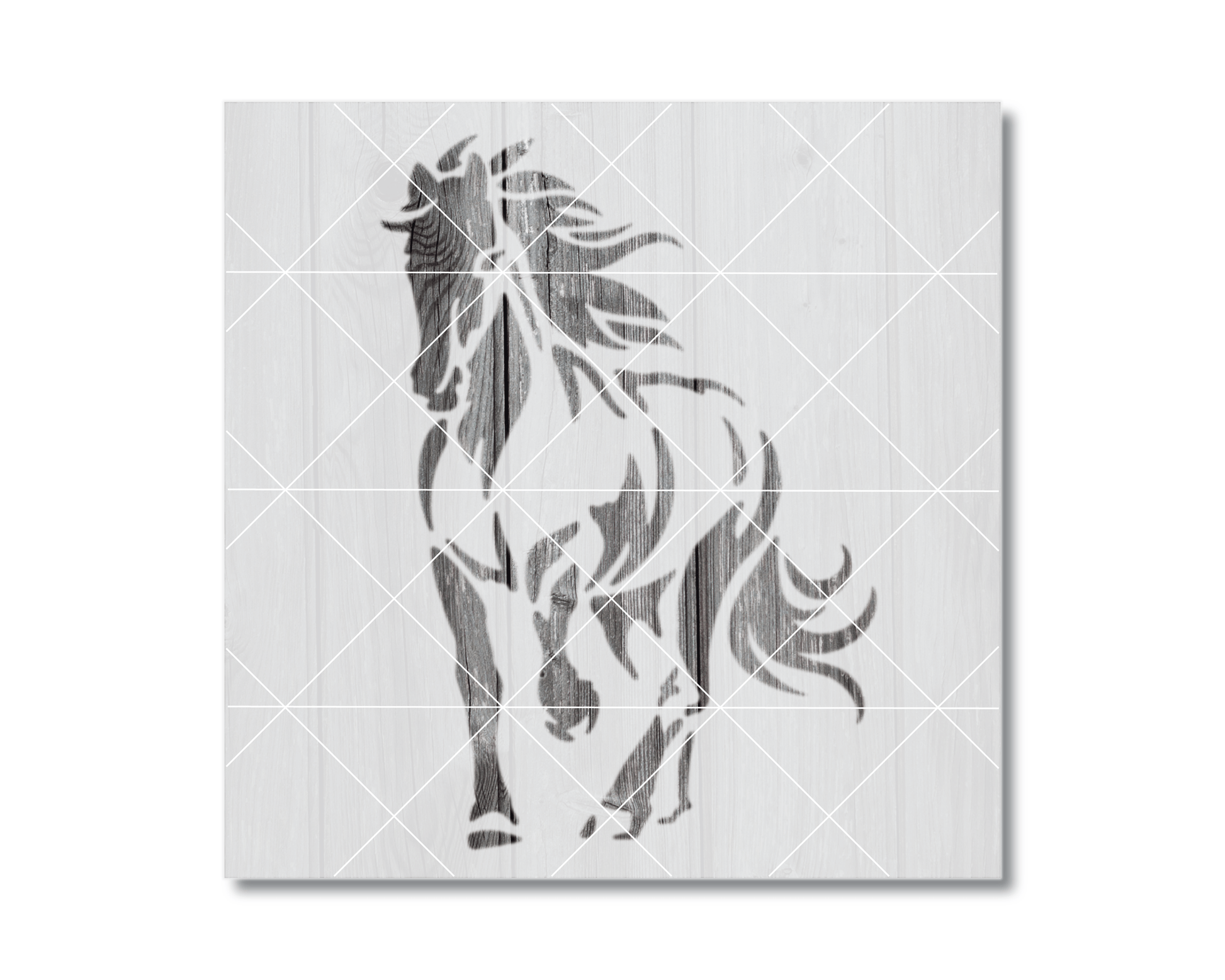 A black and white silhouette of a horse running, with its mane and tail flowing in the wind.