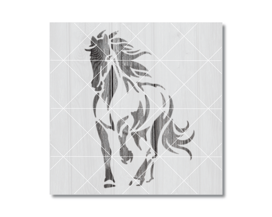 A black and white silhouette of a horse running, with its mane and tail flowing in the wind.
