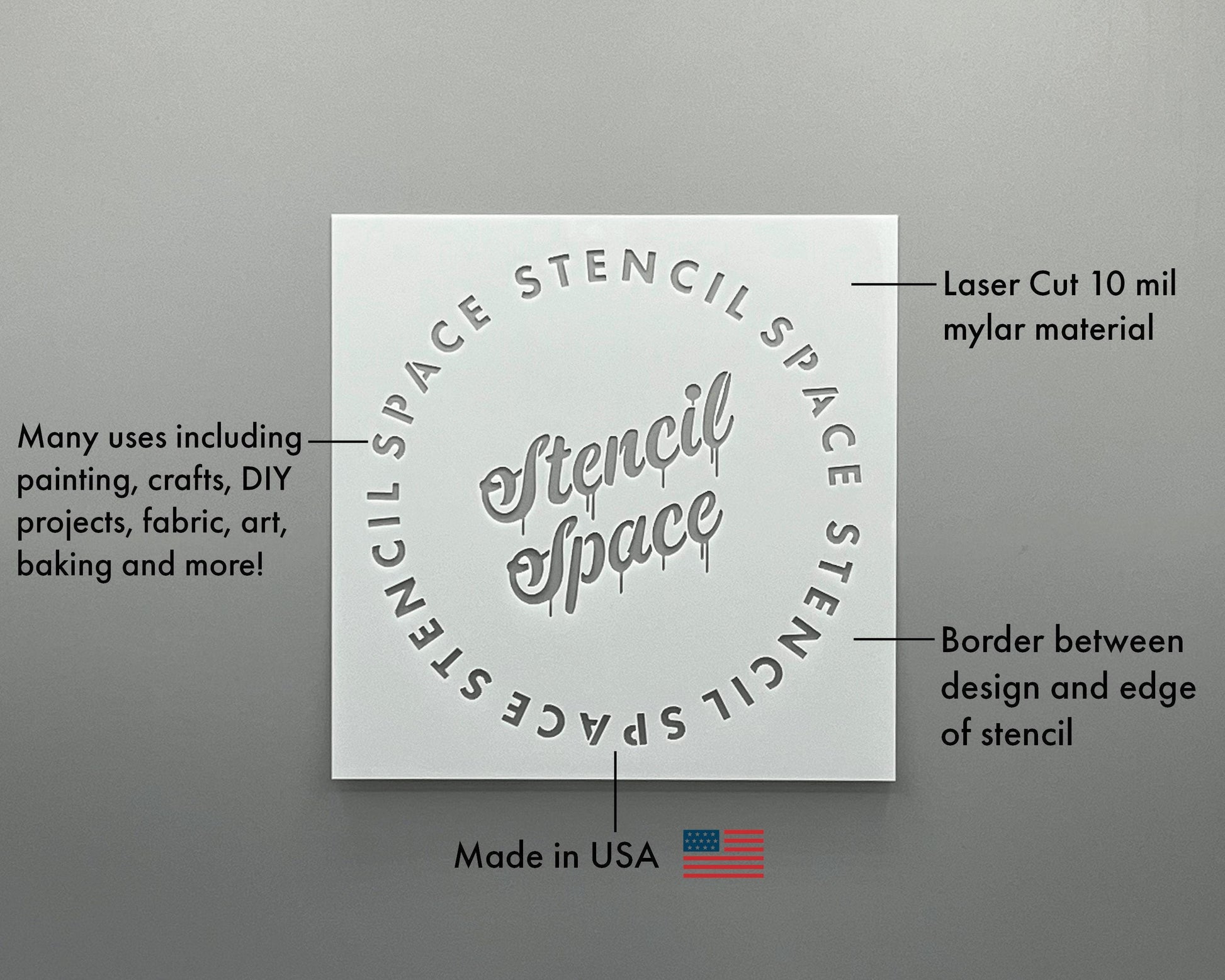 a stencil that is used for various purposes, such as painting, crafts, DIY projects, fabric, art, baking, and more. The stencil is made in the USA and has a border between the design and the edge of the stencil. The image also includes a description of the stencil, highlighting its features and uses.