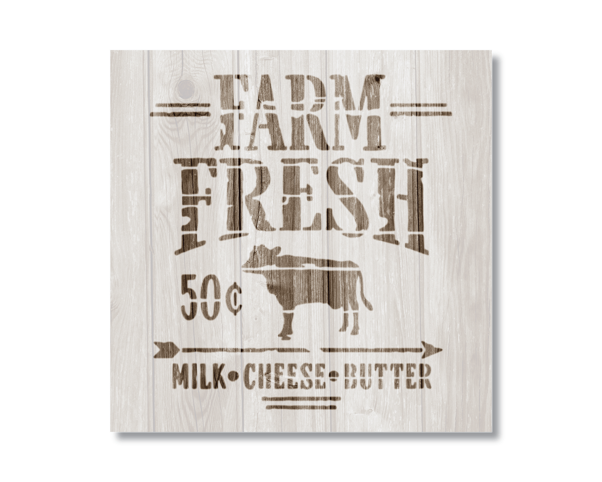 a wooden sign with the text "Farm Fresh 50c Milk Cheese Butter" printed on it.