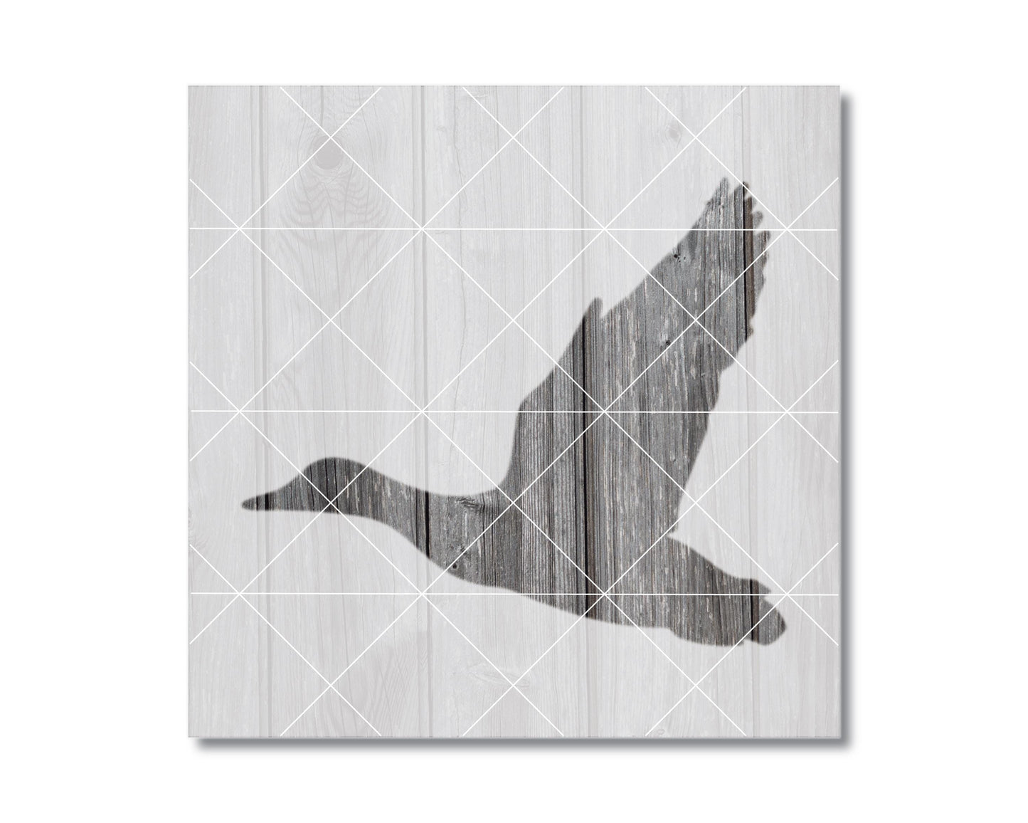 A silhouette of a bird in flight is depicted against a wooden background with a diamond pattern.