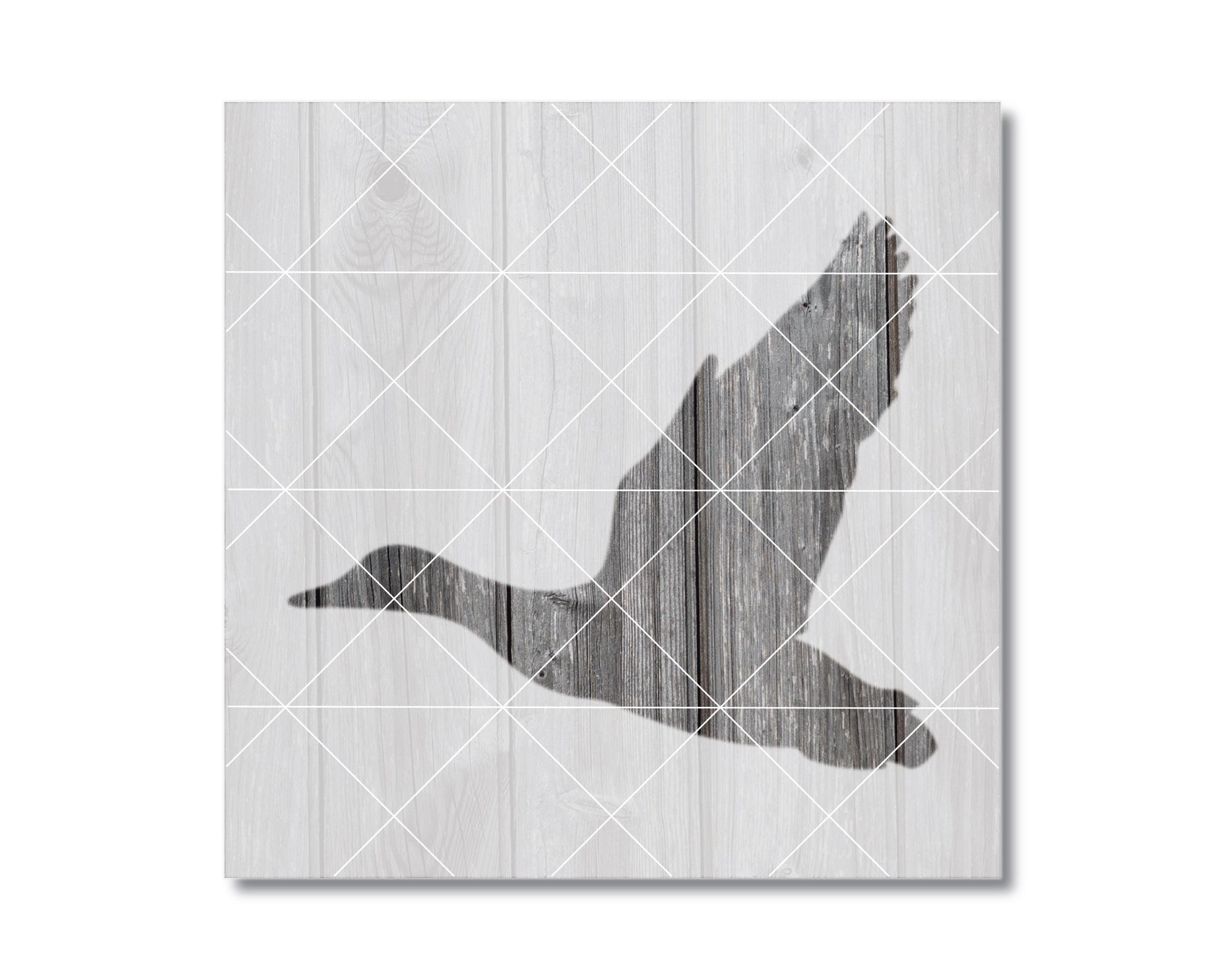 A silhouette of a bird in flight is depicted against a wooden background with a diamond pattern.