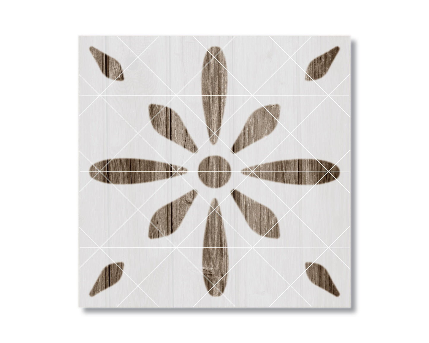 a square tile with a floral pattern, consisting of a central circle surrounded by eight petals arranged in a symmetrical design.