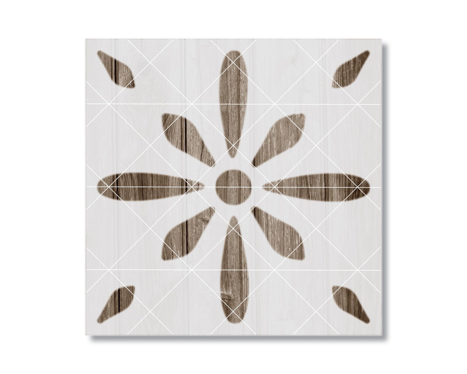 a square tile with a floral pattern, consisting of a central circle surrounded by eight petals arranged in a symmetrical design.