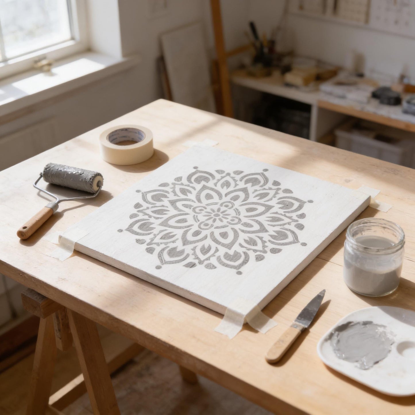 a workspace with various art supplies and tools, including a stencil, paintbrush, and a jar of paint. The stencil is placed on a wooden table, and the workspace appears to be a studio or workshop setting.