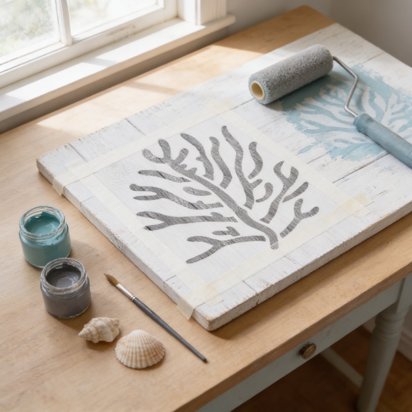 a workspace with a wooden table, a white canvas with a black and gray design, a paint roller, a paintbrush, and some seashells.
