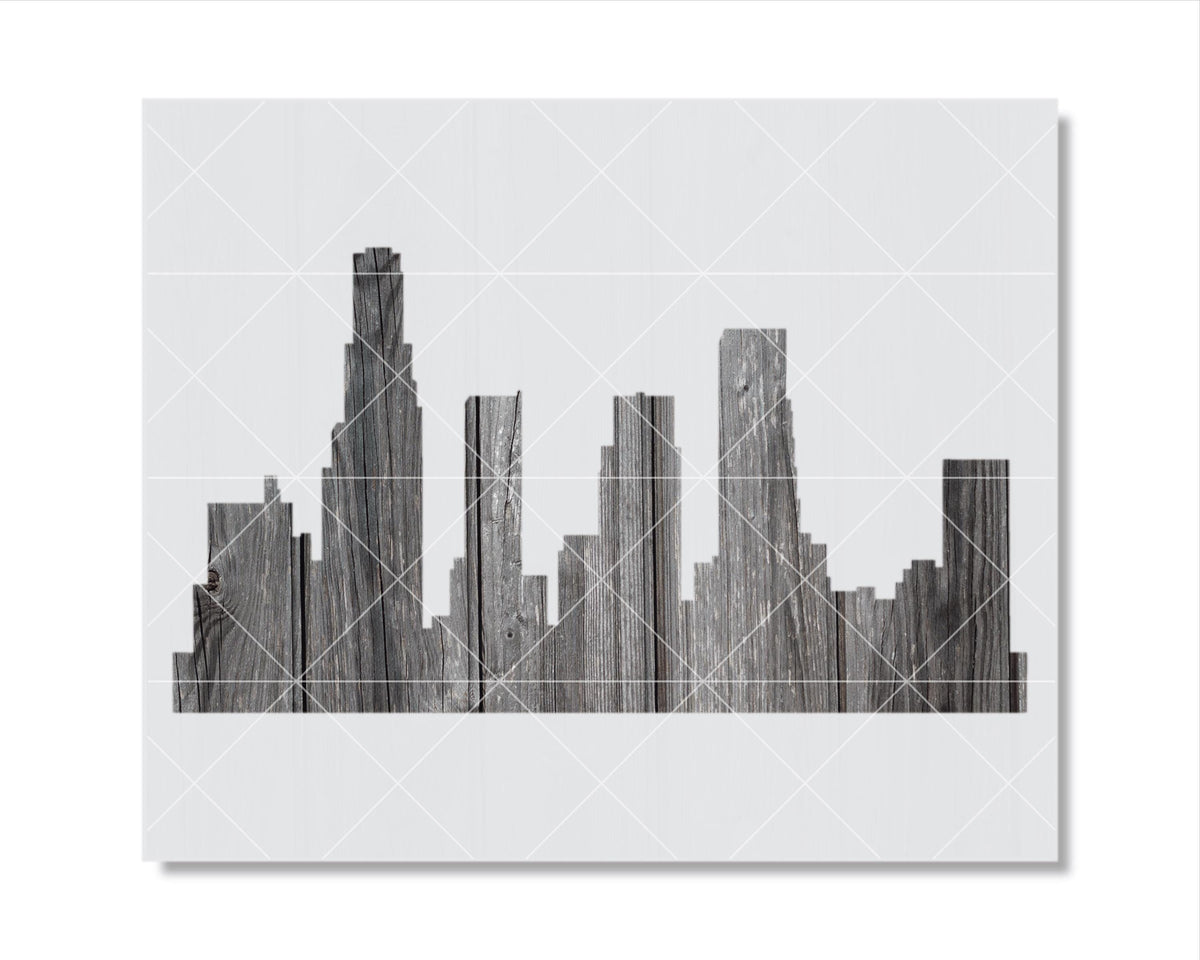 A silhouette of a city skyline, composed of wooden planks or boards, against a white background.