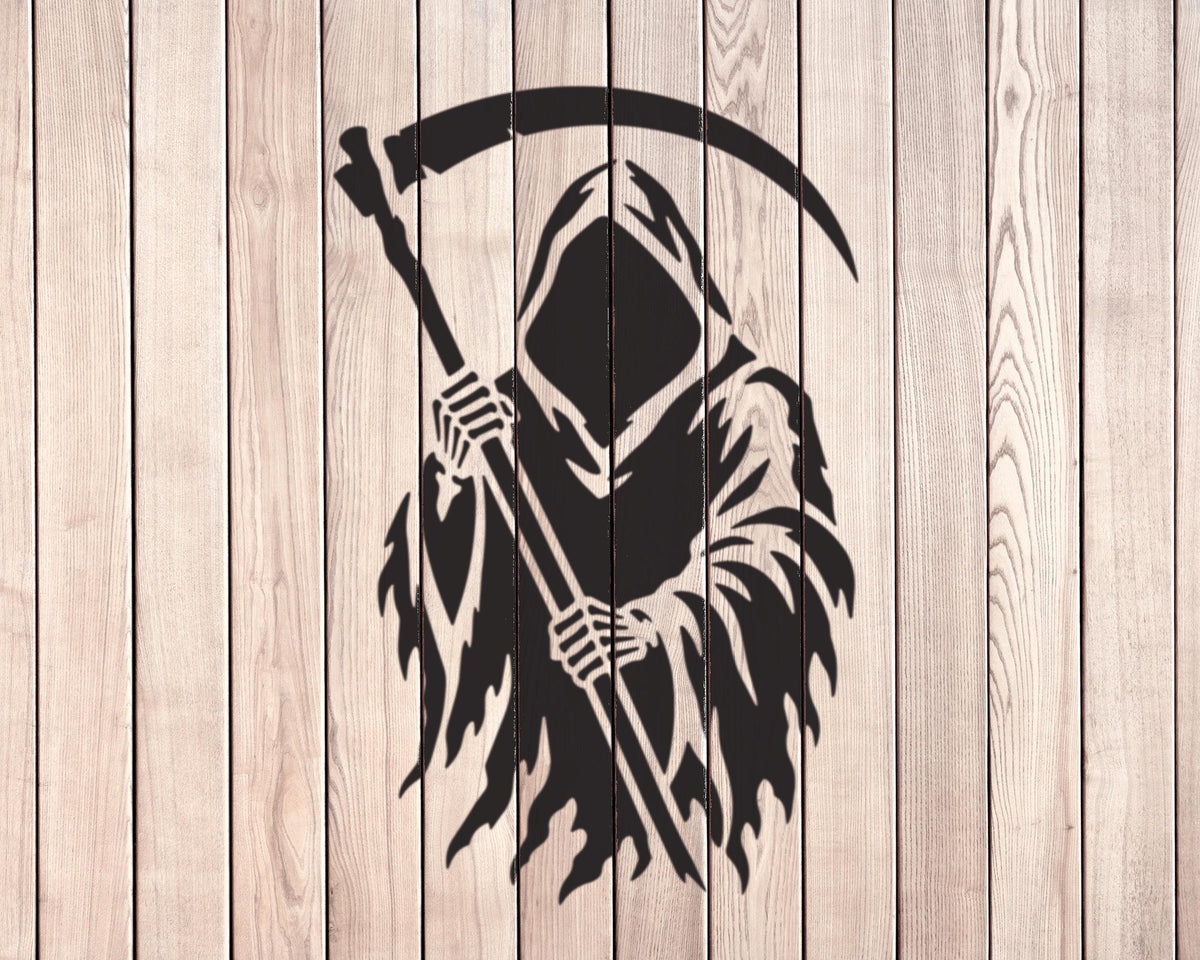 A silhouette of a figure holding a scythe against a wooden background.