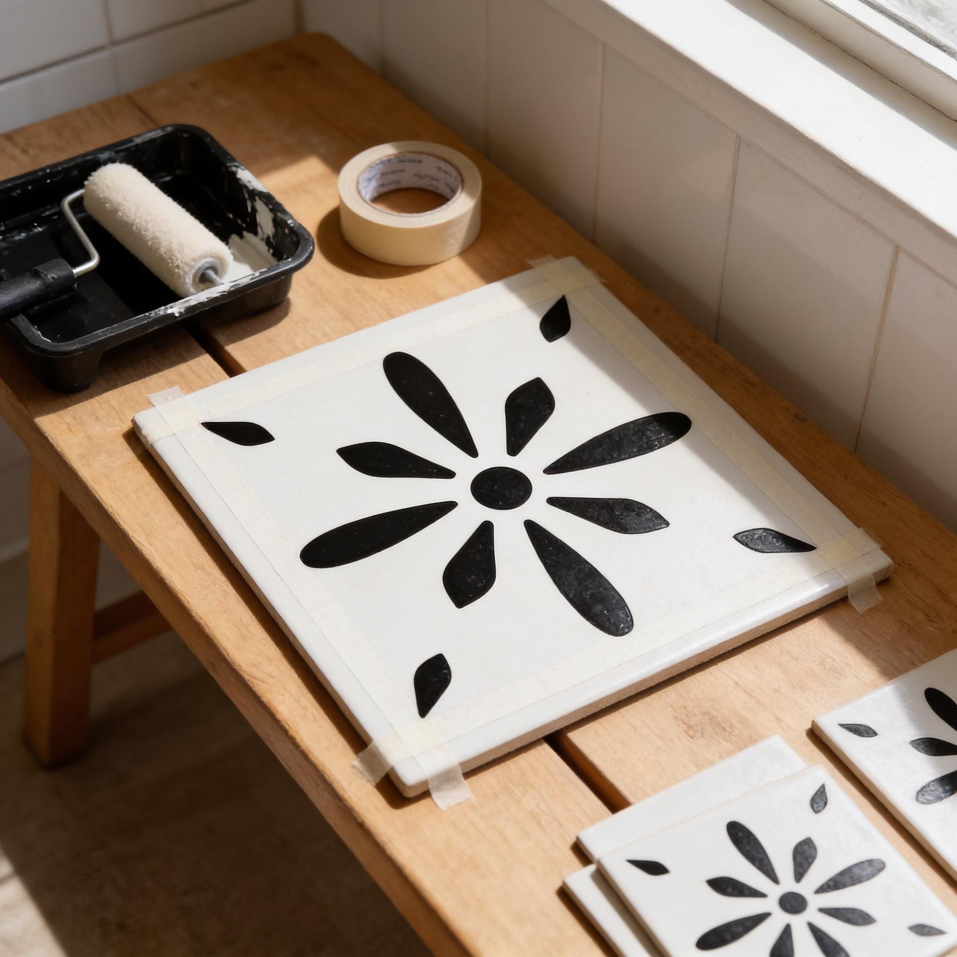 a wooden table with a white tile design featuring a black flower-like pattern. There is also a roll of tape and a paint roller on the table, suggesting that the table is being used for a creative project.