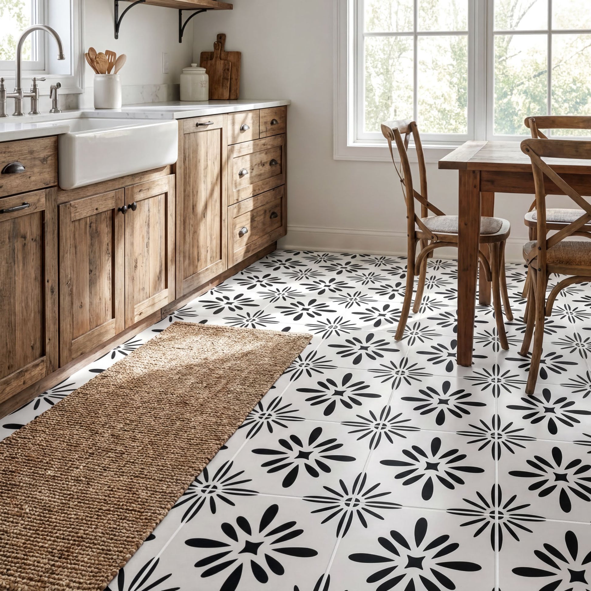a modern kitchen with a white and black floral tile floor, wooden cabinets, and a rug on the floor.