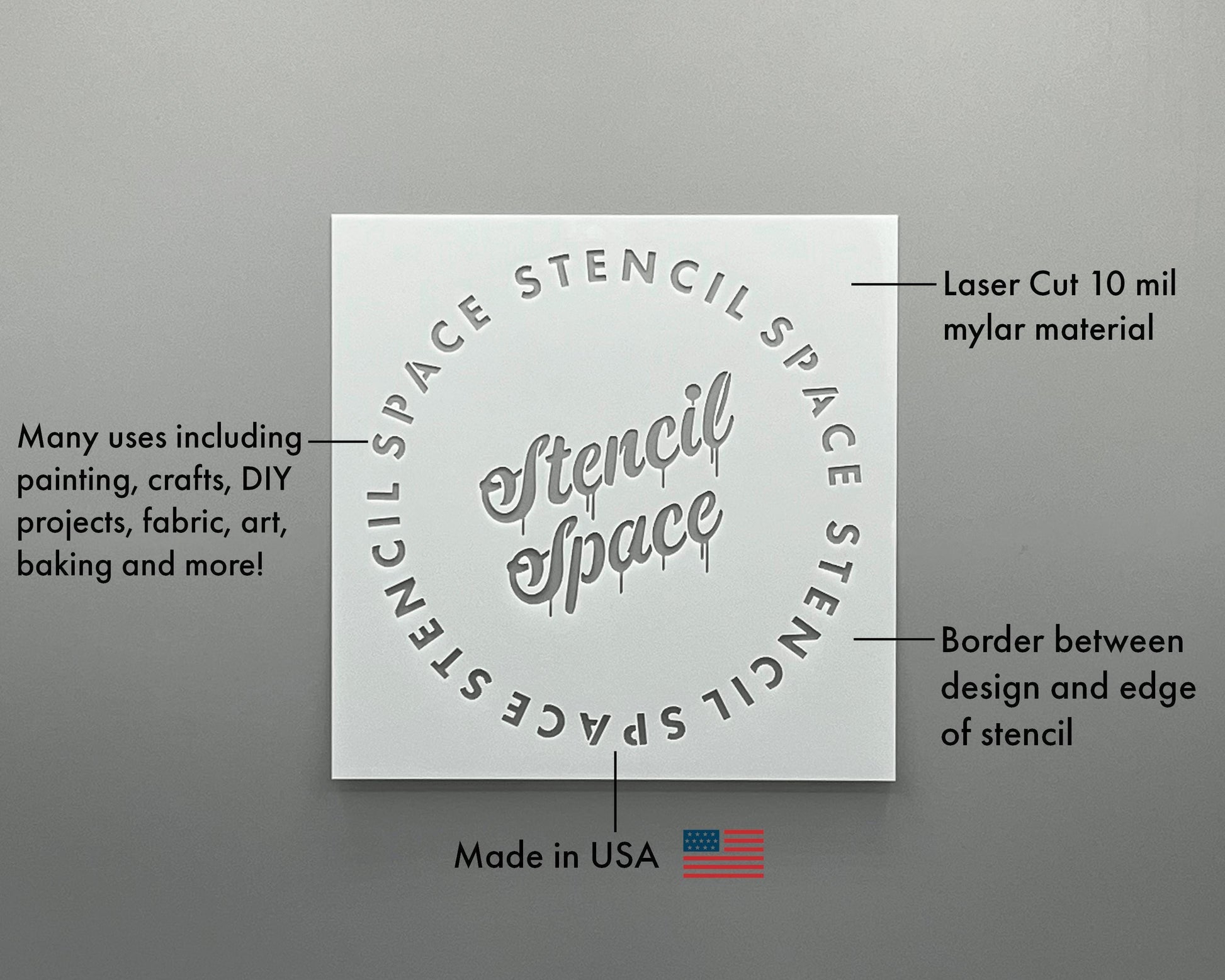 a stencil that is used for various purposes, such as painting, crafts, DIY projects, fabric, art, baking, and more. The stencil is made in the USA and has a border between the design and the edge of the stencil. The image also includes a description of the stencil, highlighting its features and uses.