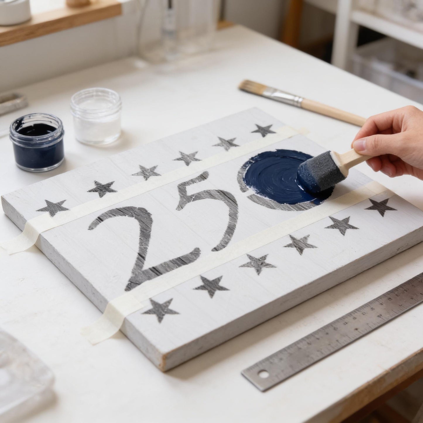 A hand is painting a wooden sign with the number 25 and stars, using a paintbrush on a white surface.