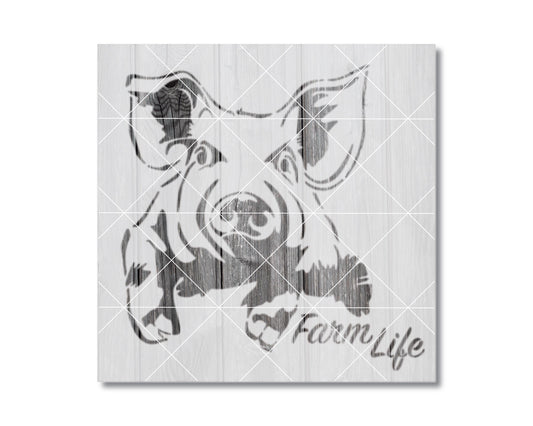 A black and white illustration of a pig with the text "Farm Life" below it.