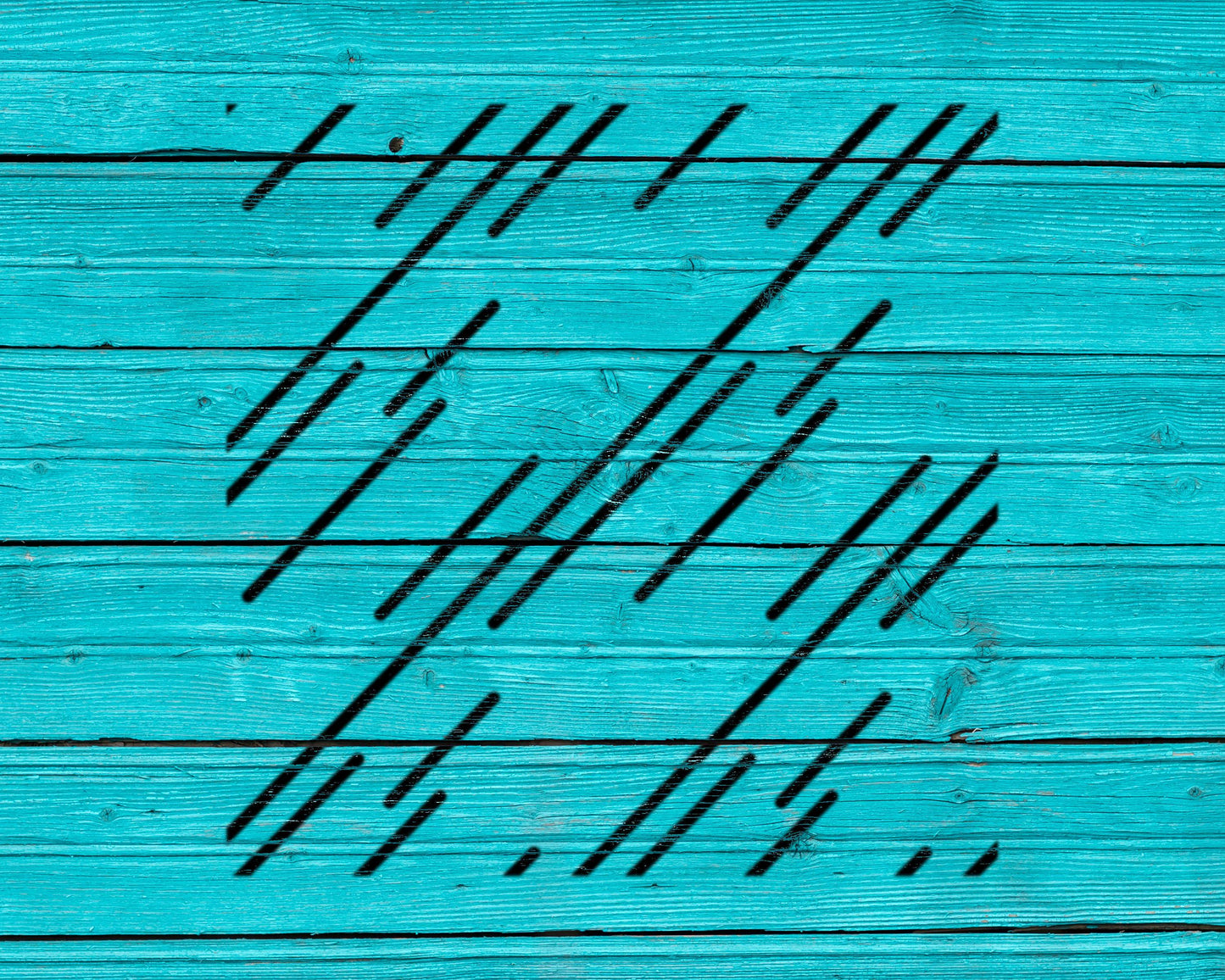 The image is a close-up of a turquoise wooden surface with a pattern of diagonal black lines.