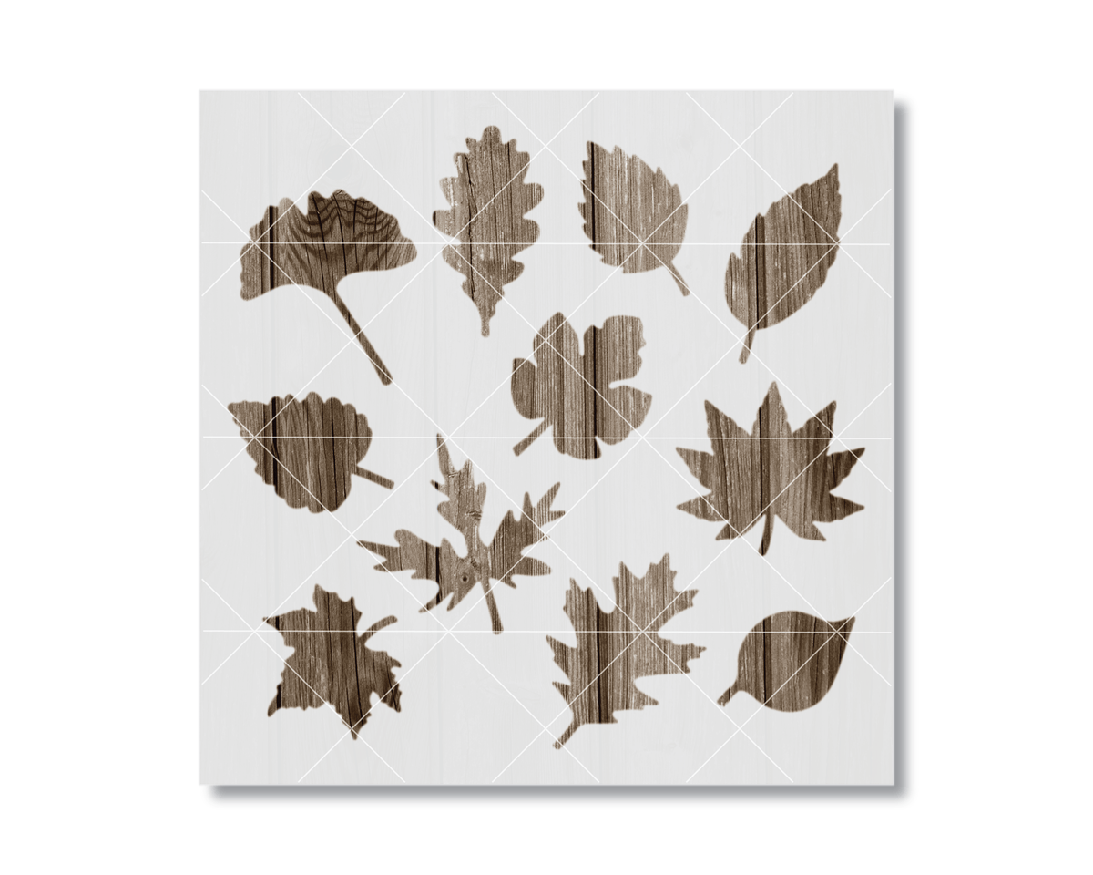 nine different leaf silhouettes arranged in a grid pattern.
