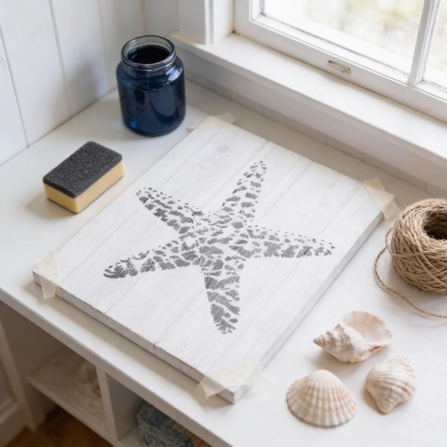 a white wooden board with a black starfish design, a blue jar, a sponge, a spool of twine, and some seashells on a white surface.