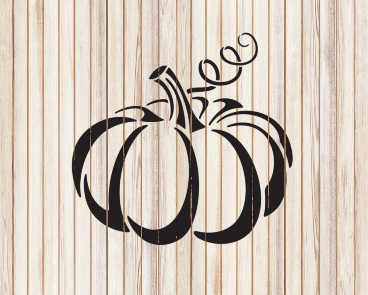 A stylized black silhouette of a pumpkin is displayed against a wooden background with vertical lines.