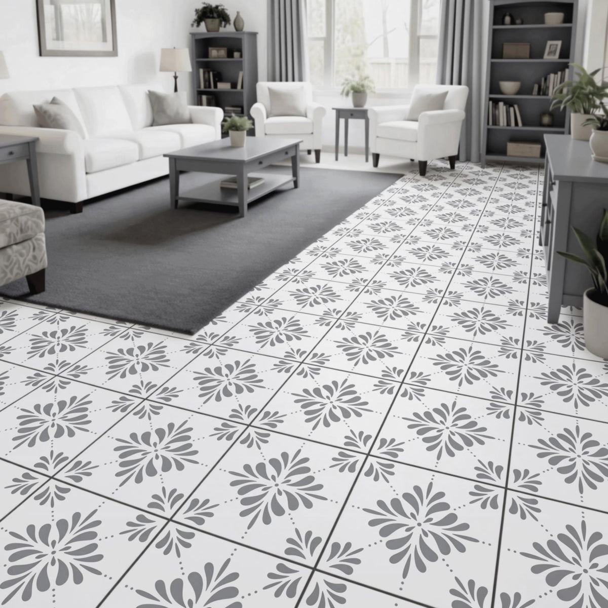 a modern living room with a gray and white patterned tile floor, a white sofa, a coffee table, and a bookshelf.